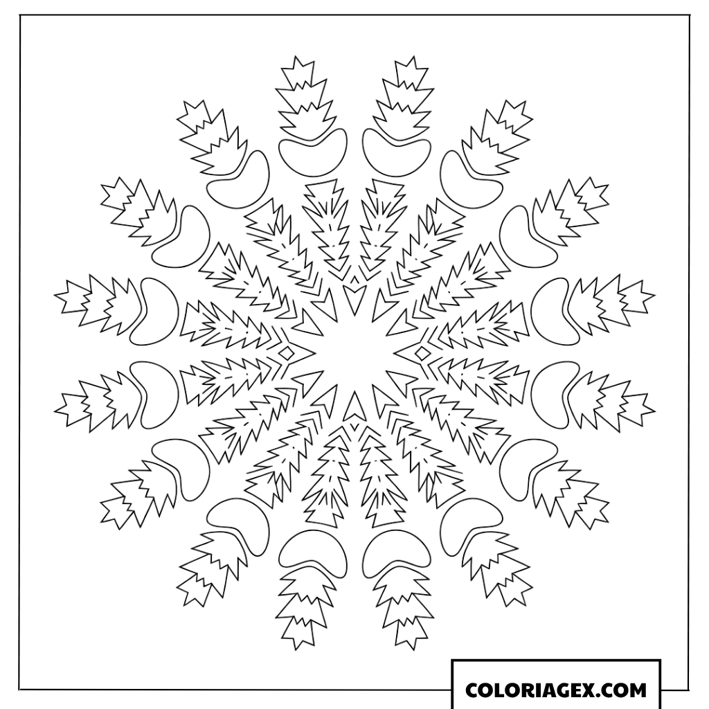 Page de coloriage mandala flocon de neige avec motifs de sapins
