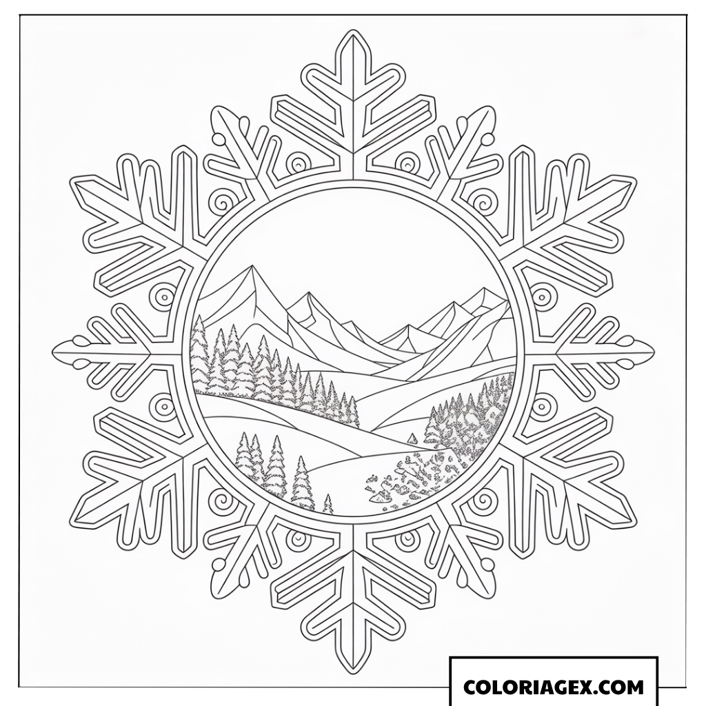 Page de coloriage paysage montagneux encadré par un flocon de neige