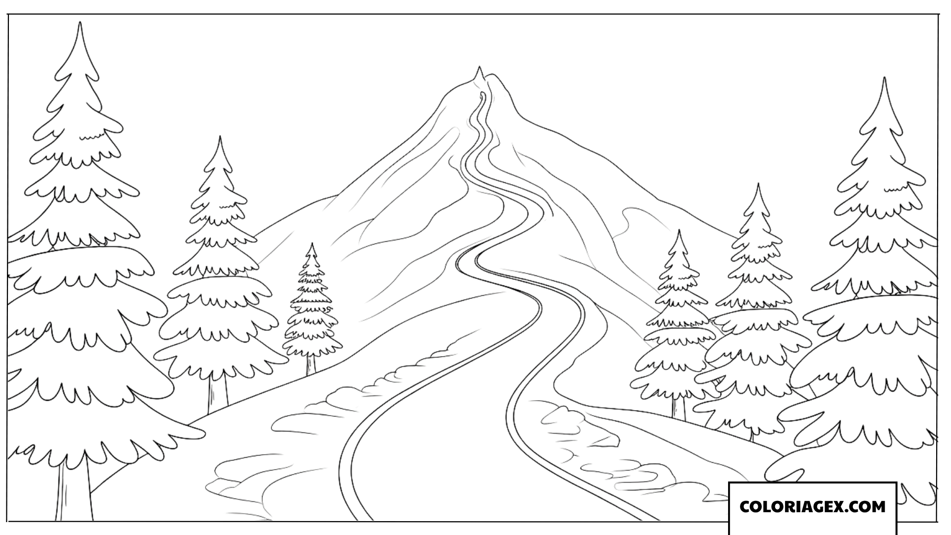 Coloriages Paysage Hiver - Page de coloriages d’un chemin menant au sommet d’une montagne enneigée