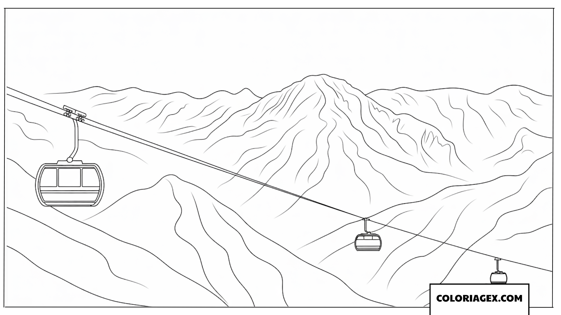Coloriages Paysage Hiver - Page de coloriages d’un téléphérique traversant des montagnes enneigées
