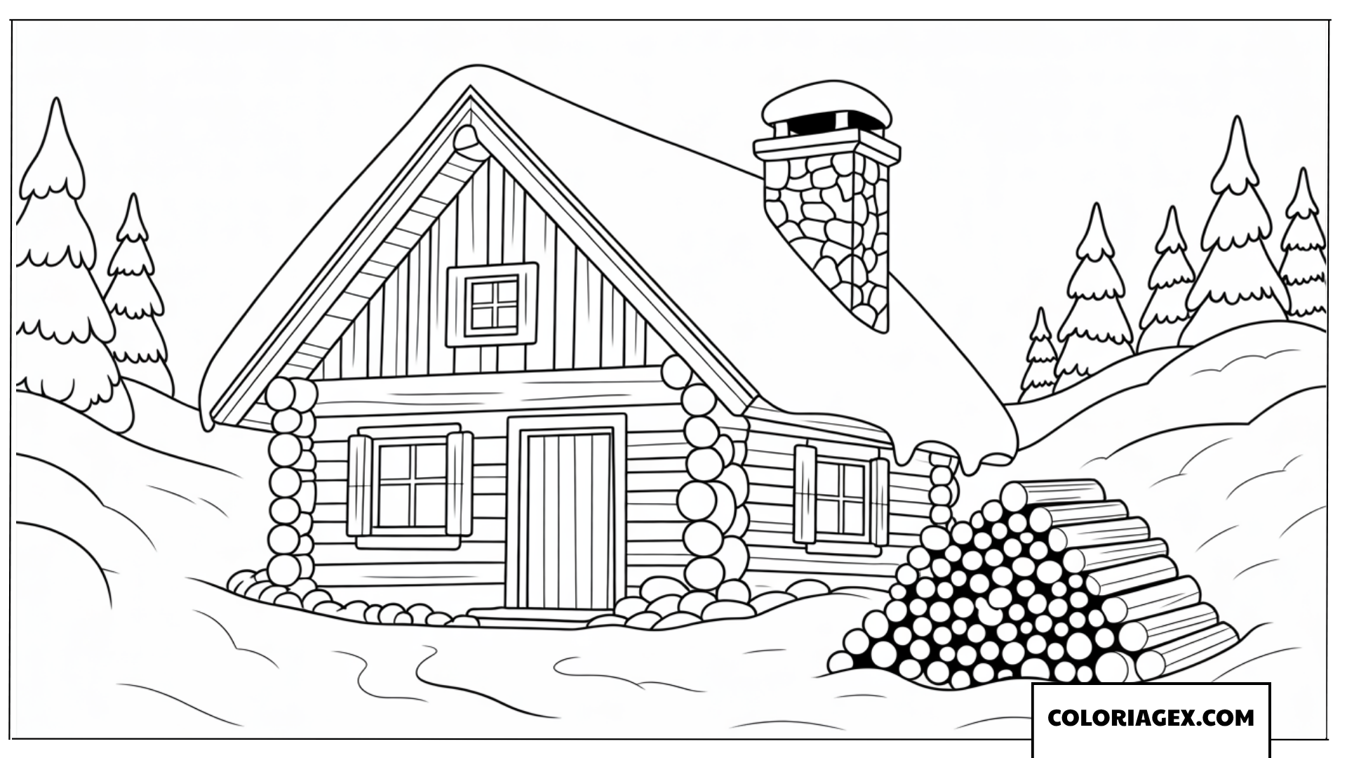 Coloriages Paysage Hiver - Page de coloriages d’une maison en bois avec du bois de chauffage au pied des montagnes enneigées