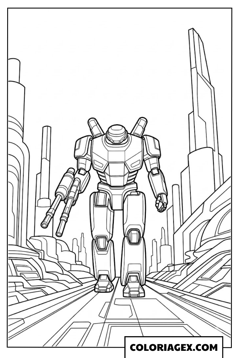 Robot géant dans la ville futuriste coloriage