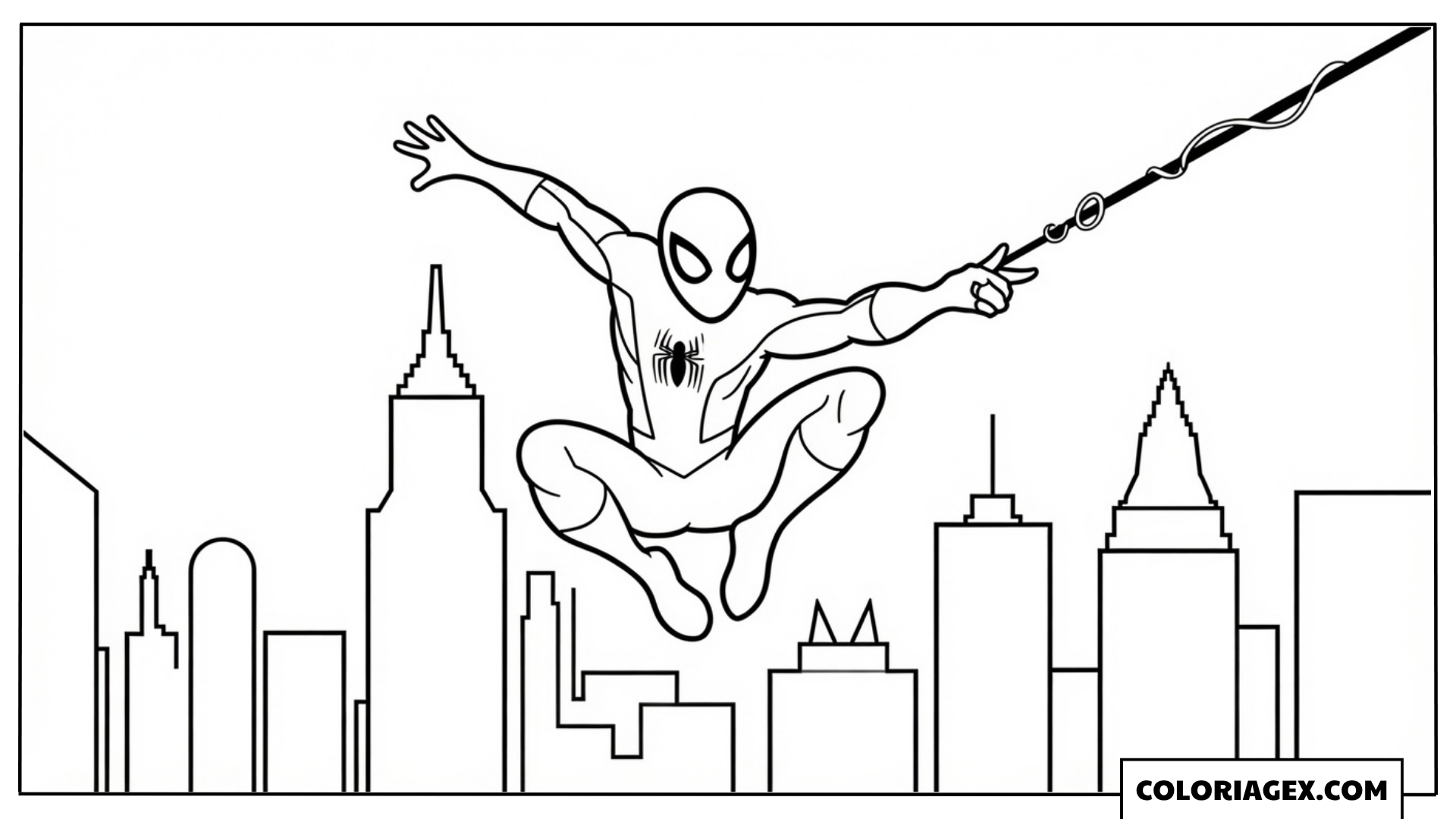 Spiderman se balance entre les buildings coloriage