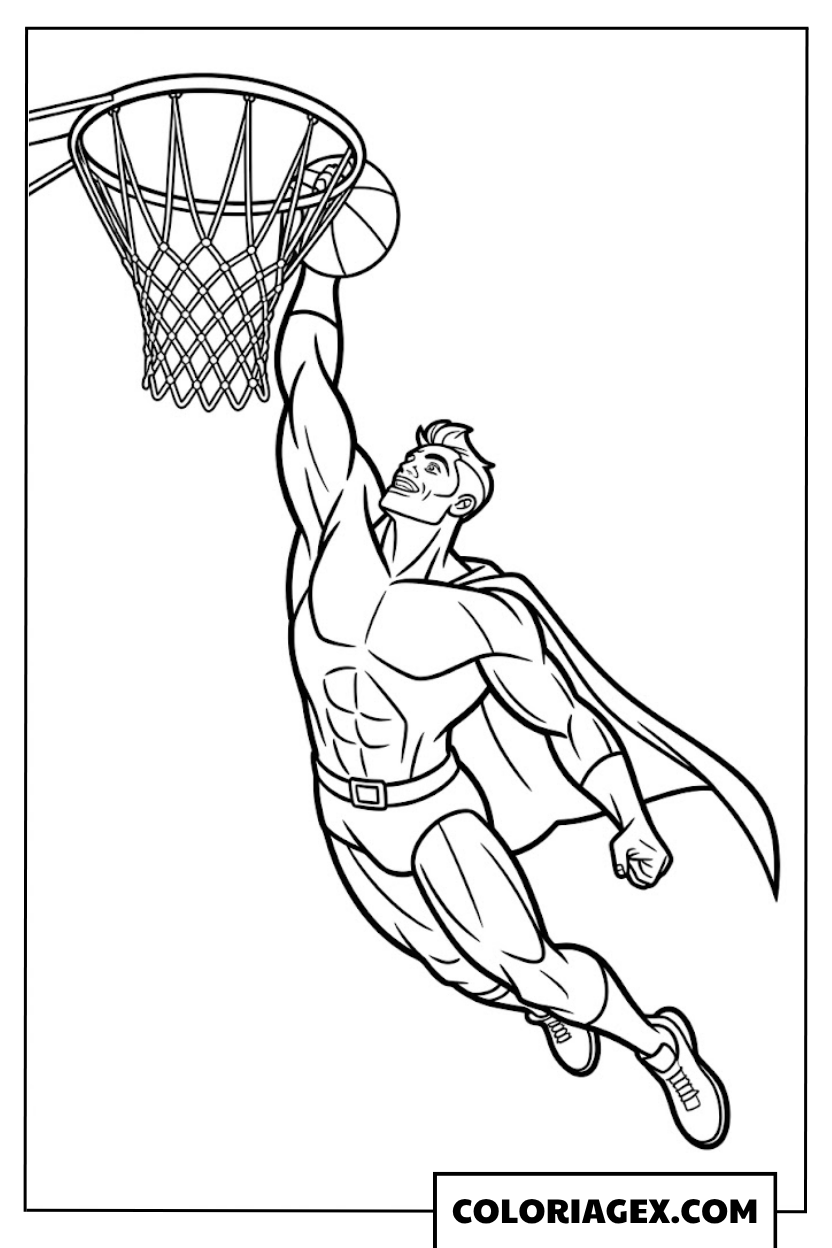 Super-héros fait un dunk au basket coloriage