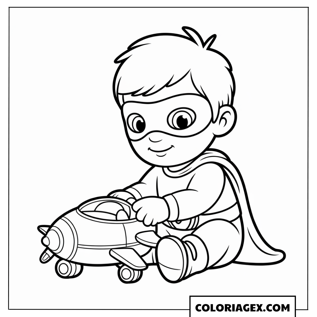 Super-héros kawaii avec sa voiture coloriage