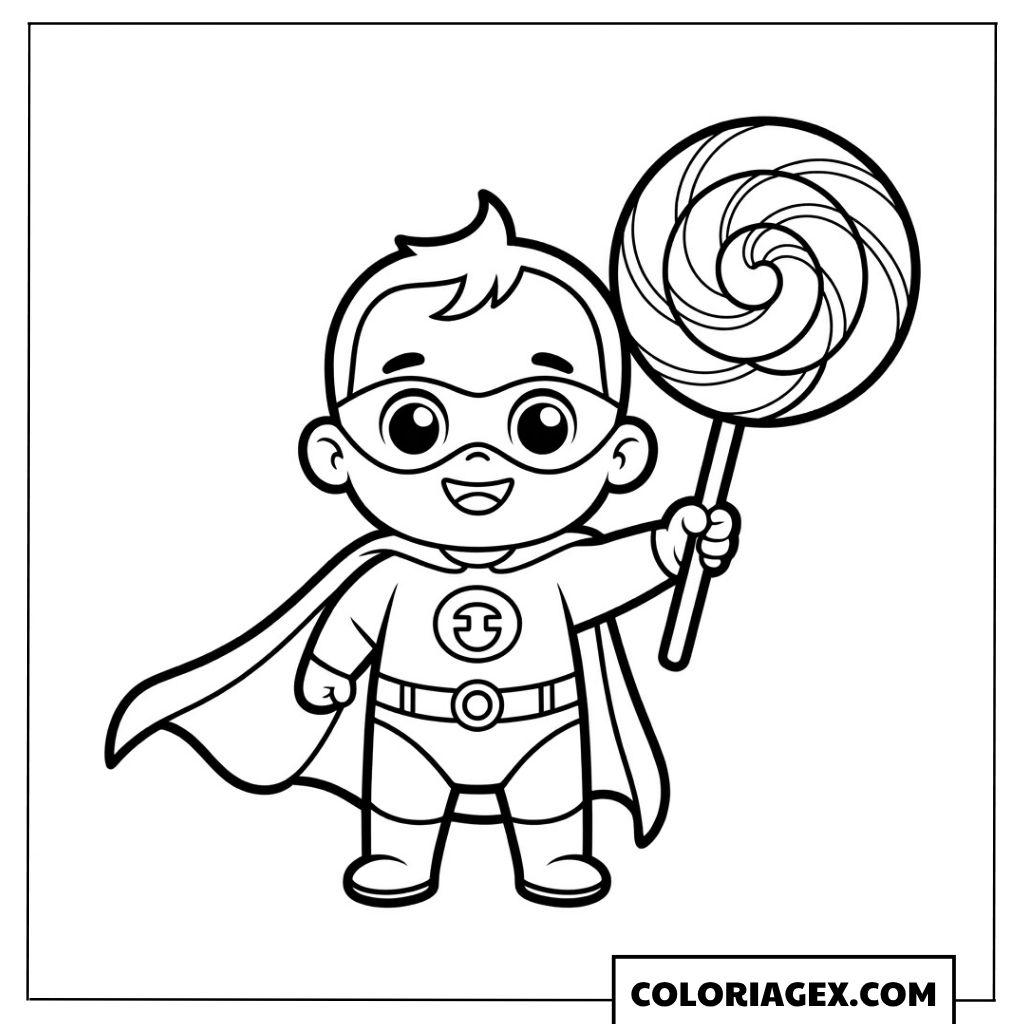 Super-héros kawaii avec une grosse sucette coloriage