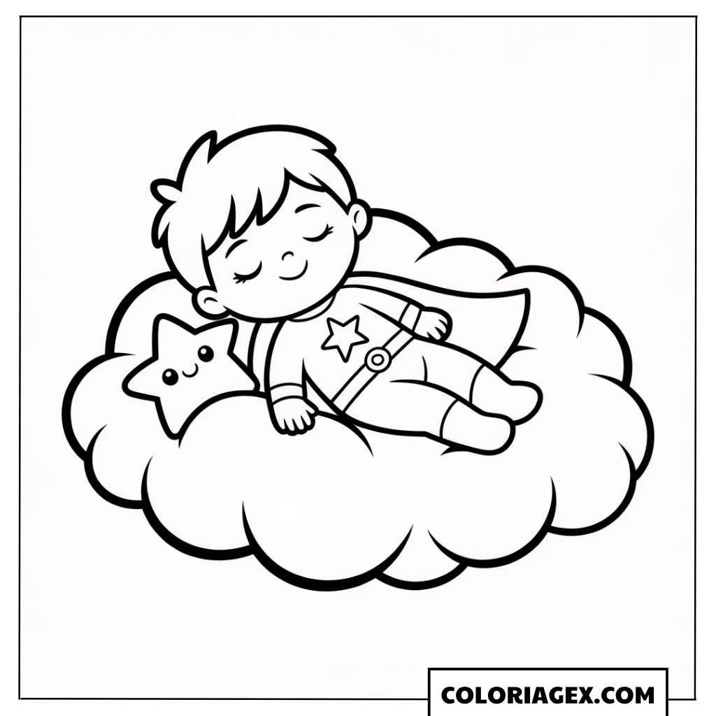 Super-héros kawaii dort sur un nuage coloriage