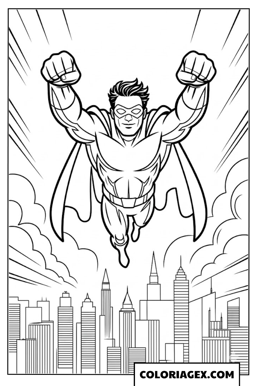 Super-héros volant au-dessus de la ville coloriage
