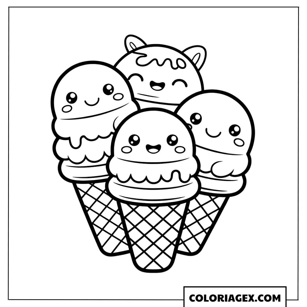 Trois glaces kawaii coloriage