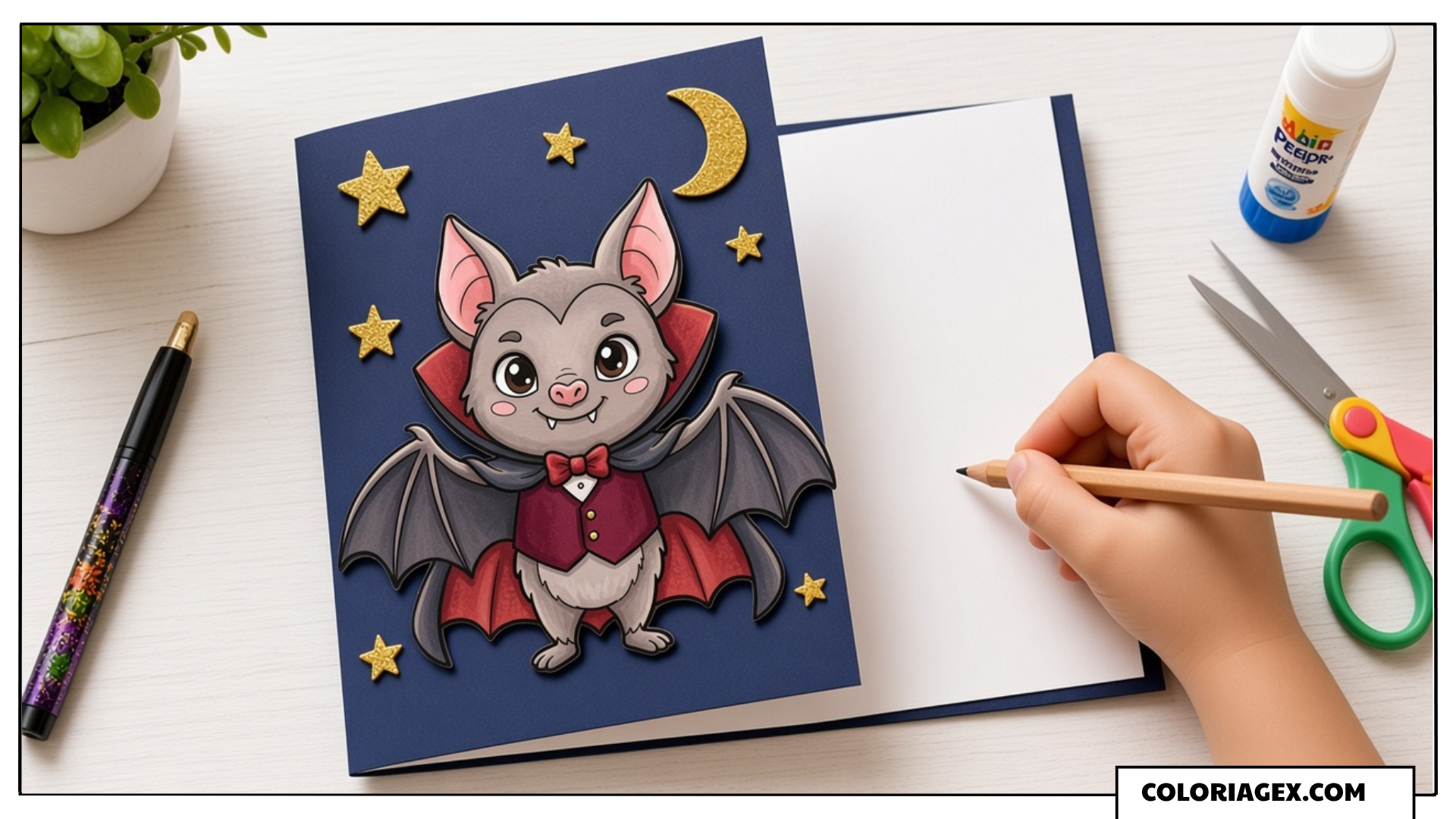Carte d’Halloween Chauve-souris Vampire à Partir d’un Coloriage