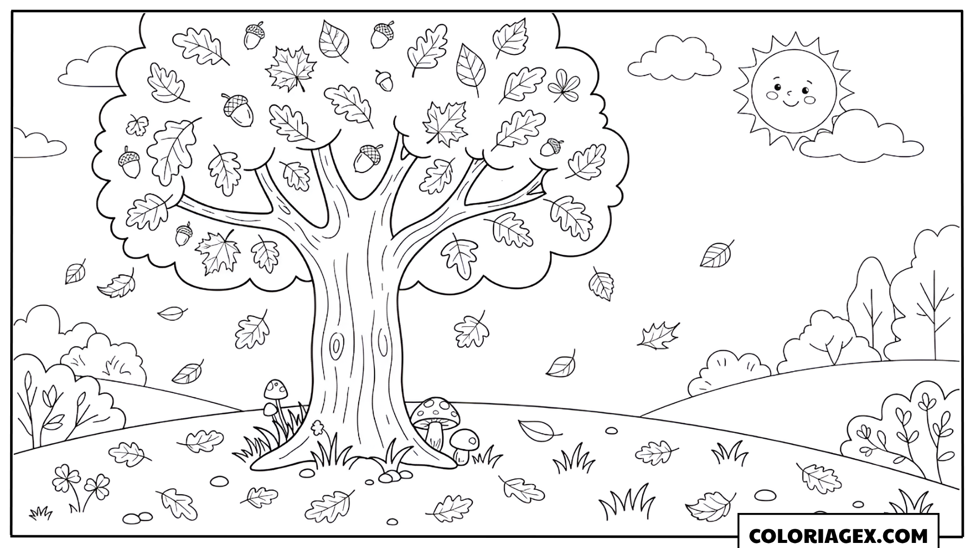 Coloriage Arbre sous le soleil souriant