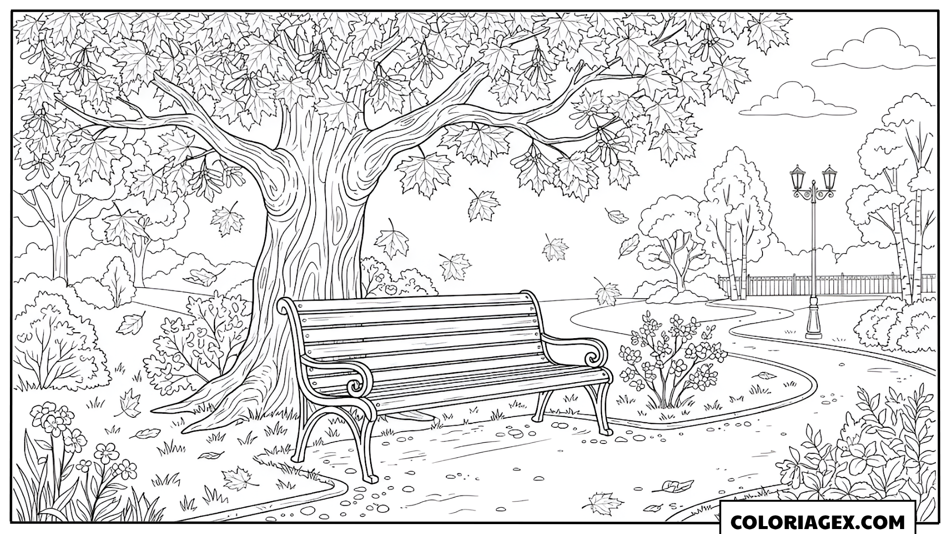 Coloriage Banc dans le parc d'automne