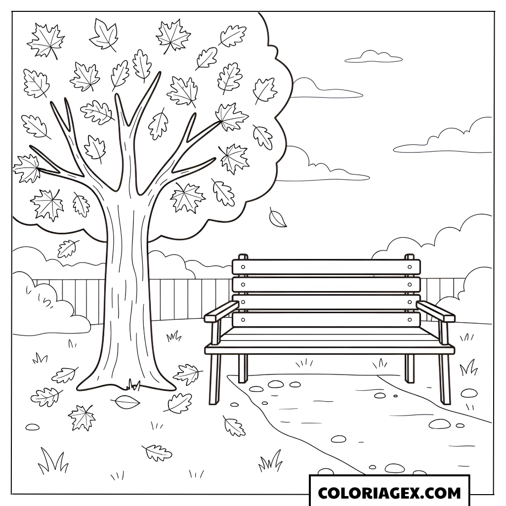 Coloriage Banc sous l’arbre en automne