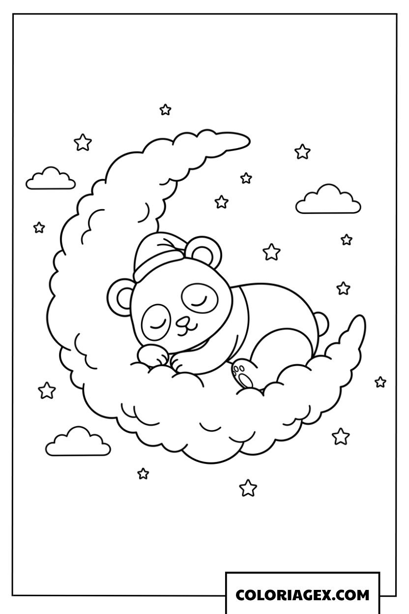 Coloriage Bébé panda mignon endormi sur un croissant de lune