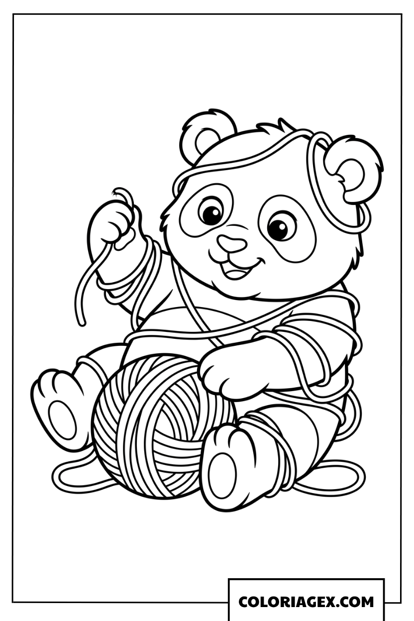 Coloriage Bébé panda mignon s amusant avec une pelote de laine
