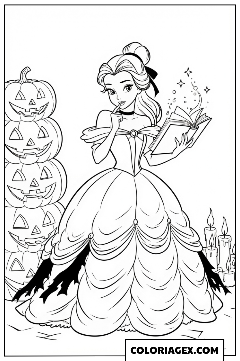 Coloriage Belle avec des citrouilles magiques