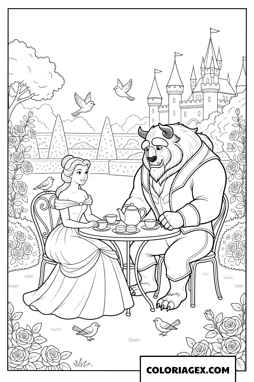 Coloriage Belle et la Bete prennent le the au jardin en ete