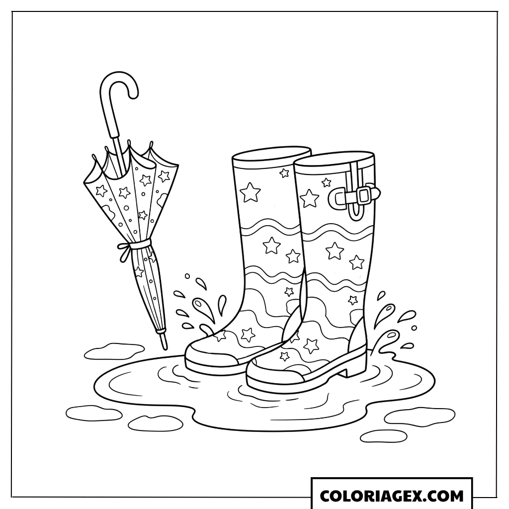 Coloriage Bottes de pluie et parapluie