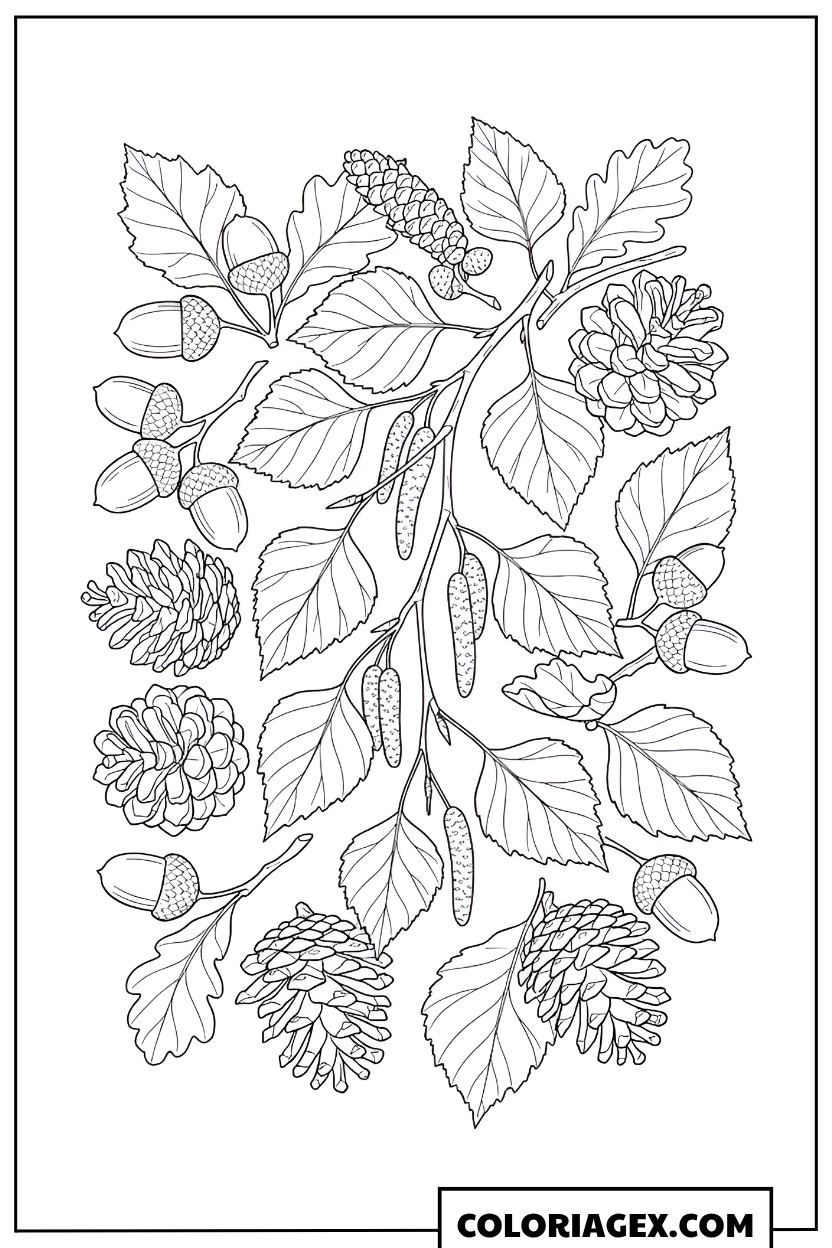 Coloriage Branche d'automne avec glands et pommes de pin