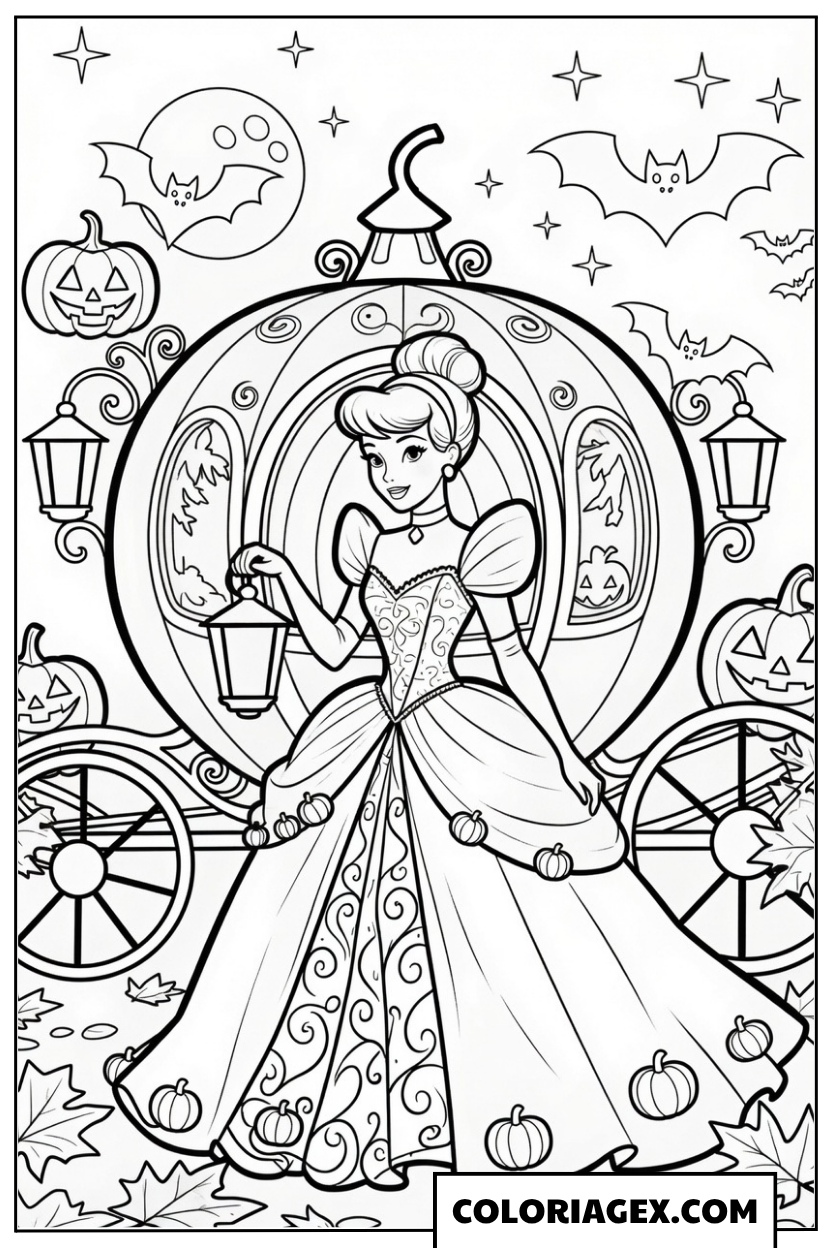 Coloriage Cendrillon en robe de princesse Halloween