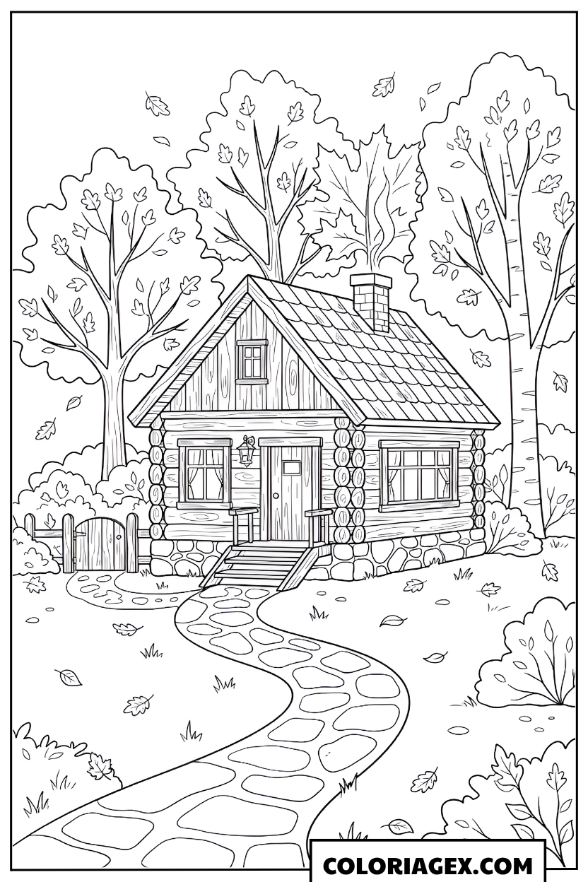 Coloriage Chalet avec chemin pavé