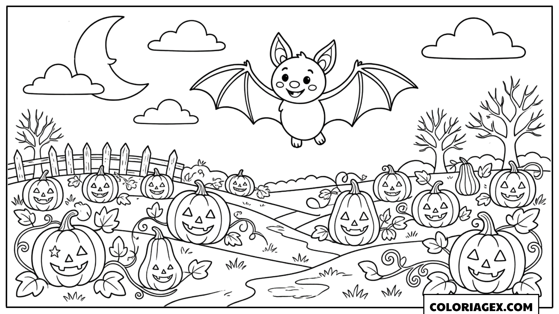 Coloriage Champ de citrouilles avec chauve-souris