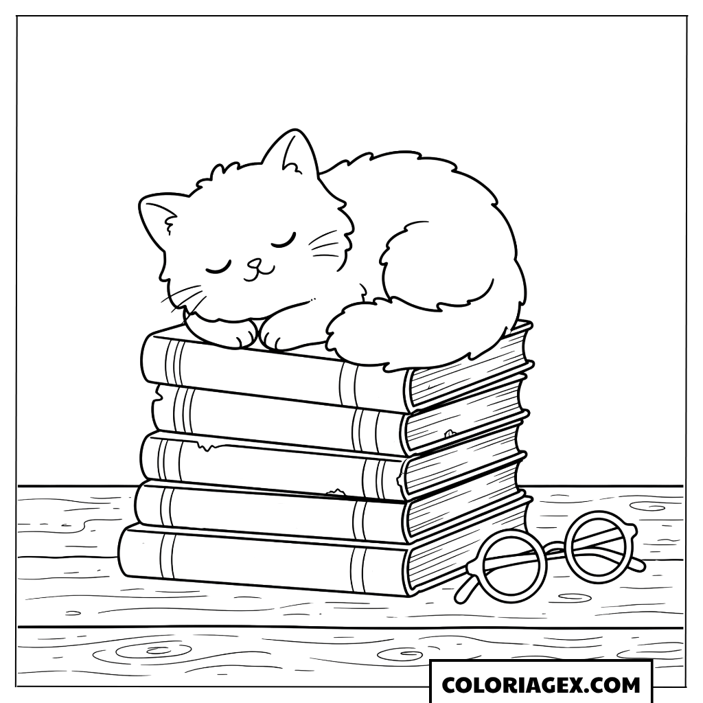Coloriage Chat endormi sur une pile de livres