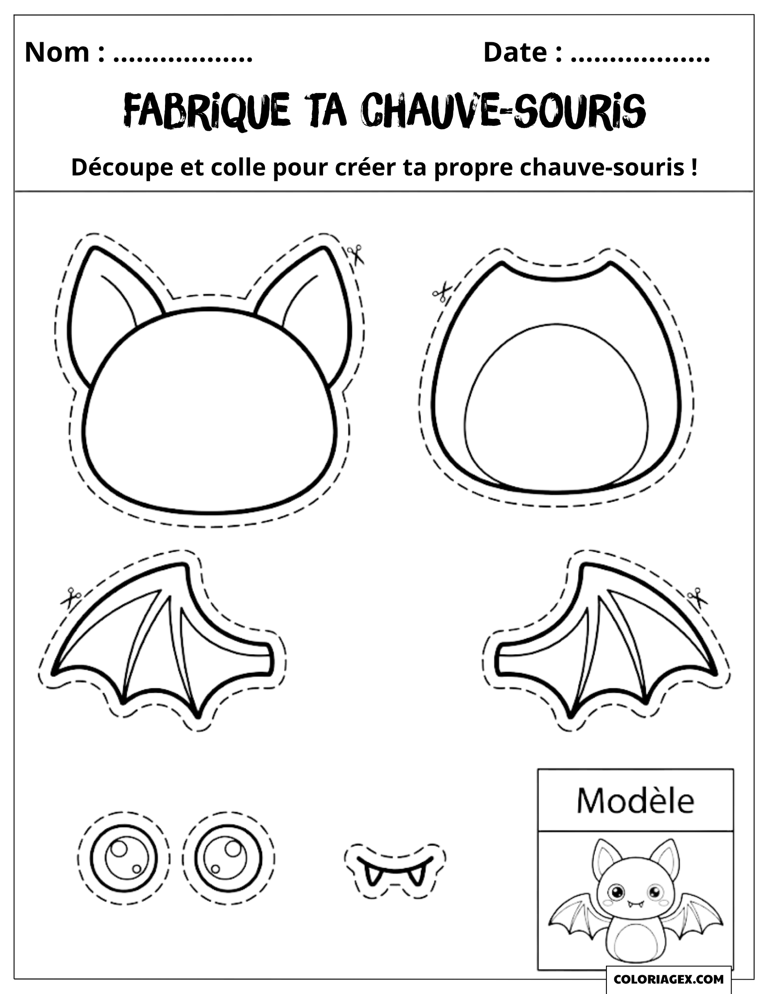Coloriage Chauve-souris Kawaii Halloween à Imprimer, Colorier, Découper et Coller