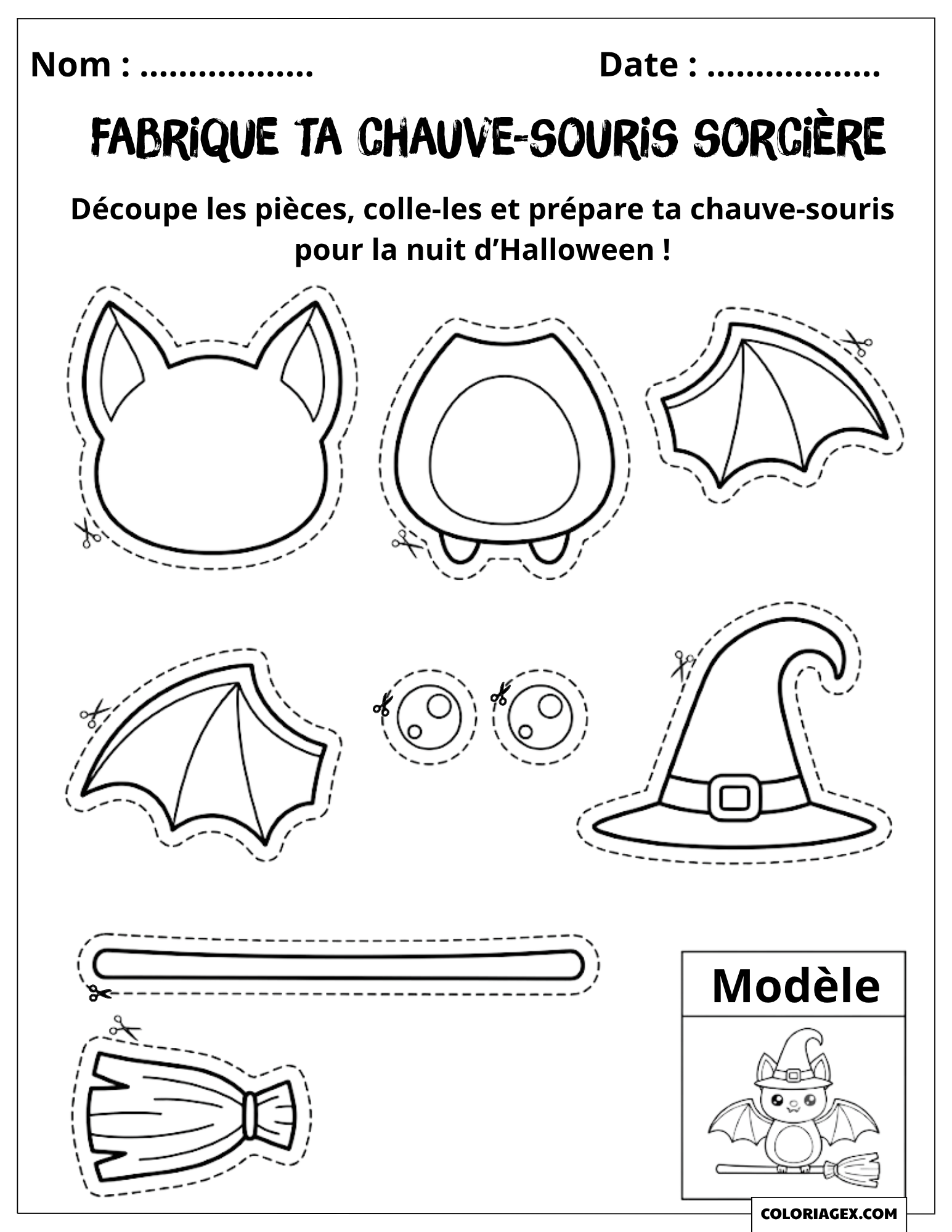 Coloriage Chauve-souris Sorcière à Découper et Coller pour Halloween