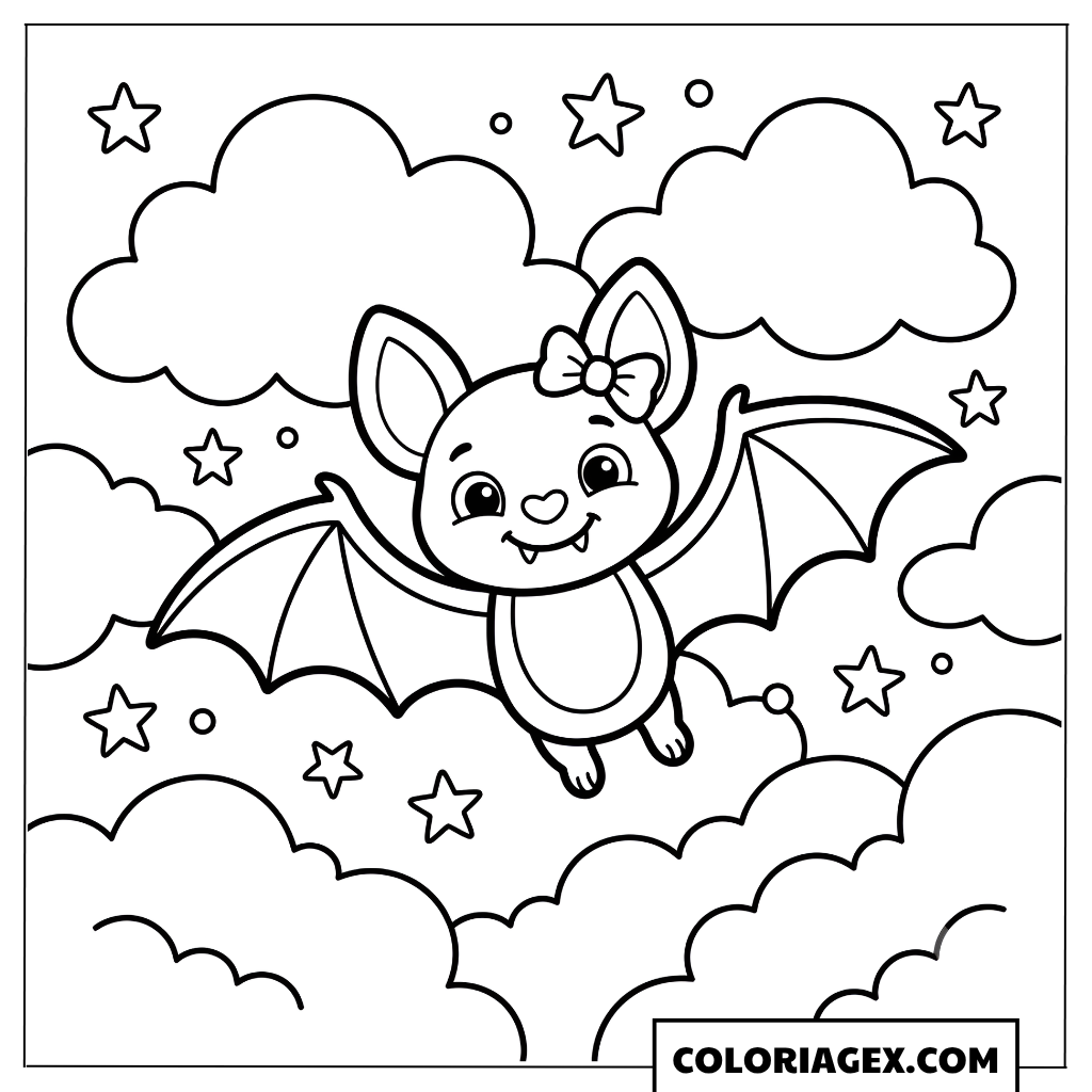 Coloriage Chauve-souris avec nœud volant dans le ciel