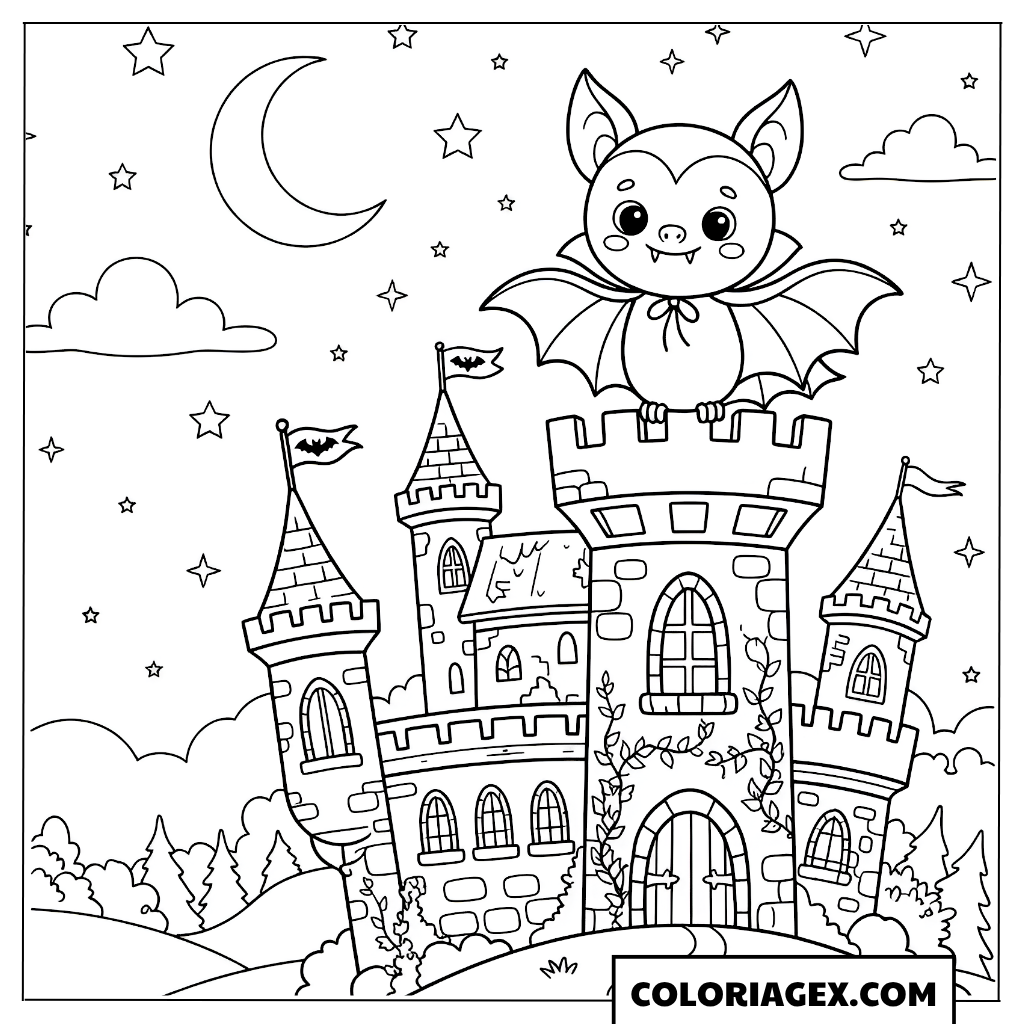 Coloriage Chauve-souris devant le château hanté