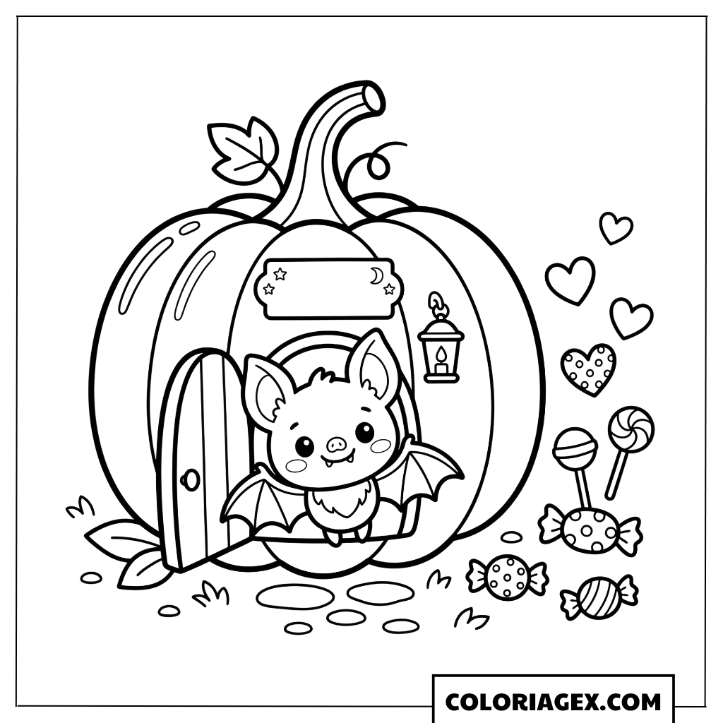 Coloriage Chauve-souris kawaii dans une citrouille