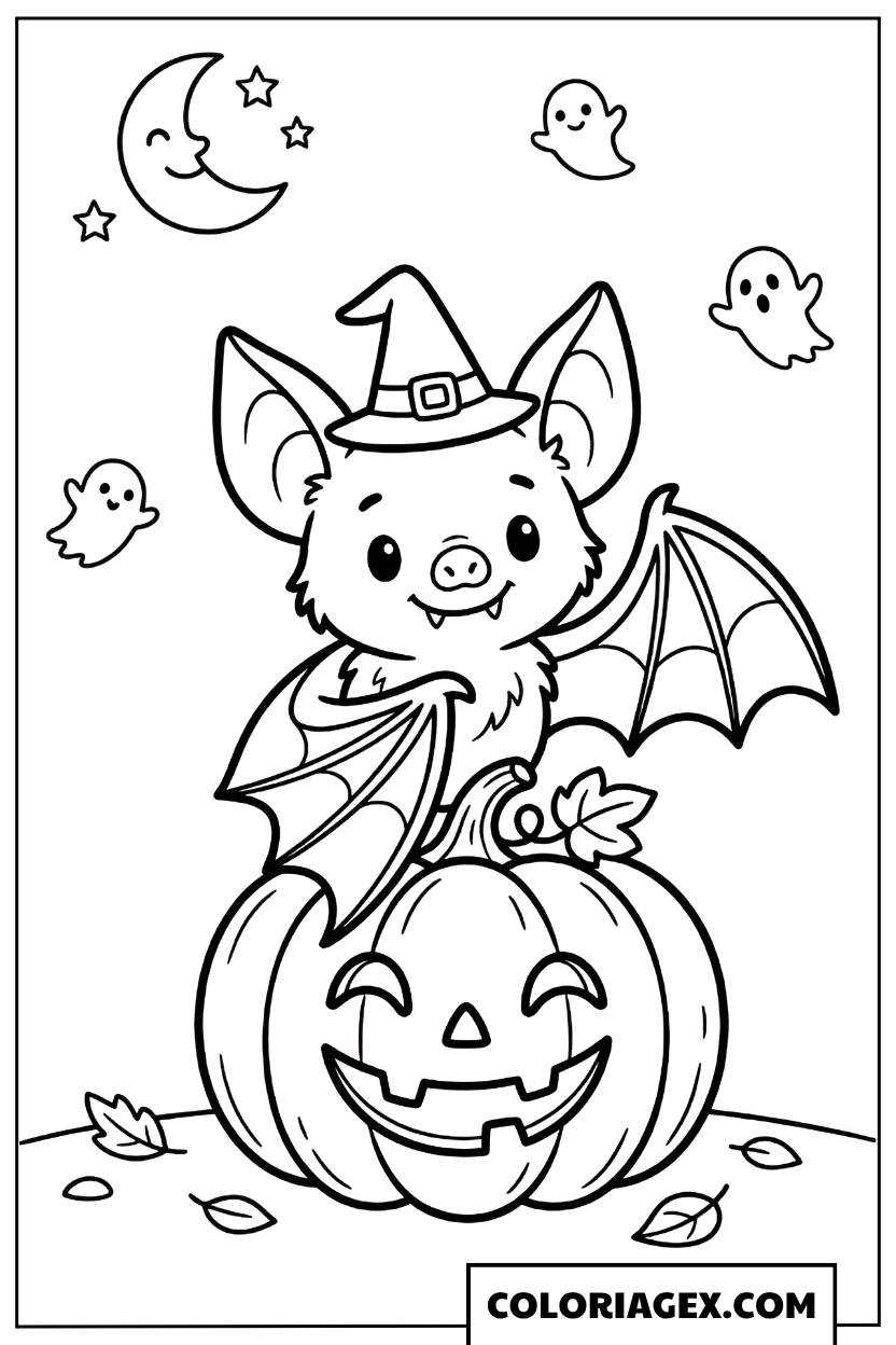 Coloriage Chauve-souris sorcière sur une citrouille