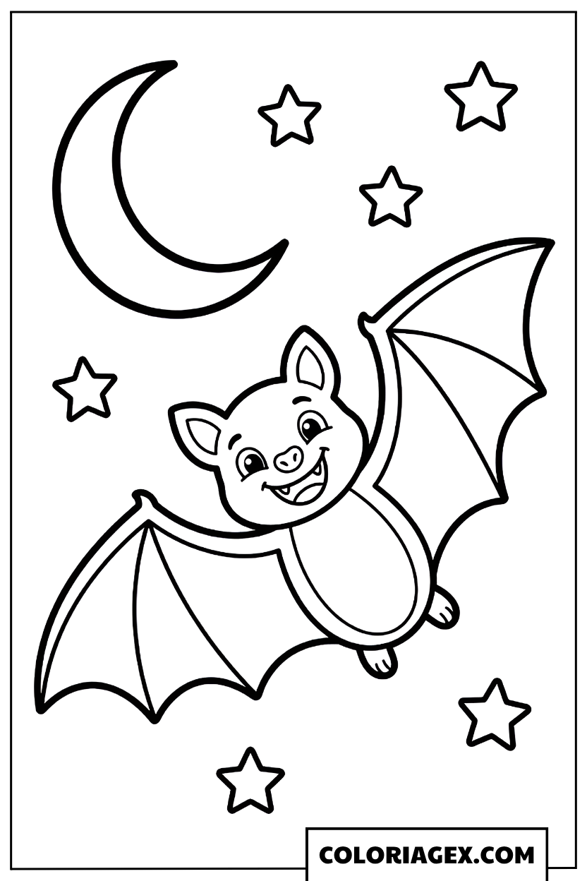 Coloriage Chauve-souris souriante avec la lune et les étoiles