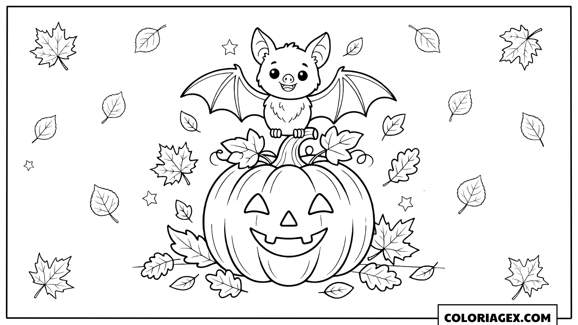 Coloriage Chauve-souris sur une citrouille avec feuilles d’automne