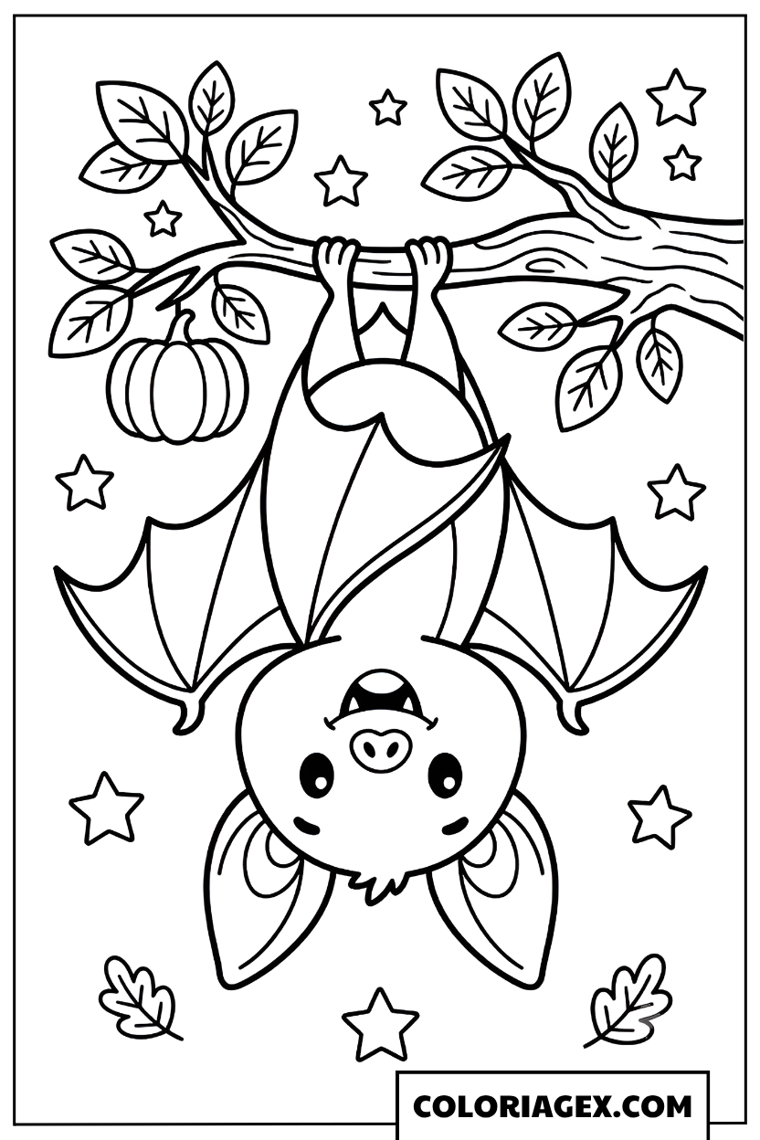 Coloriage Chauve-souris suspendue à l’envers sur une branche