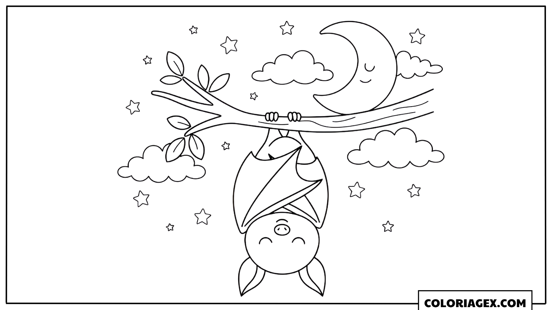 Coloriage Chauve-souris suspendue avec la lune souriante