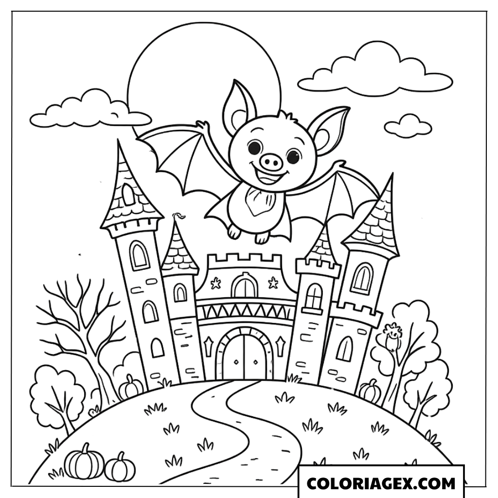 Coloriage Chauve-souris volant au-dessus du château