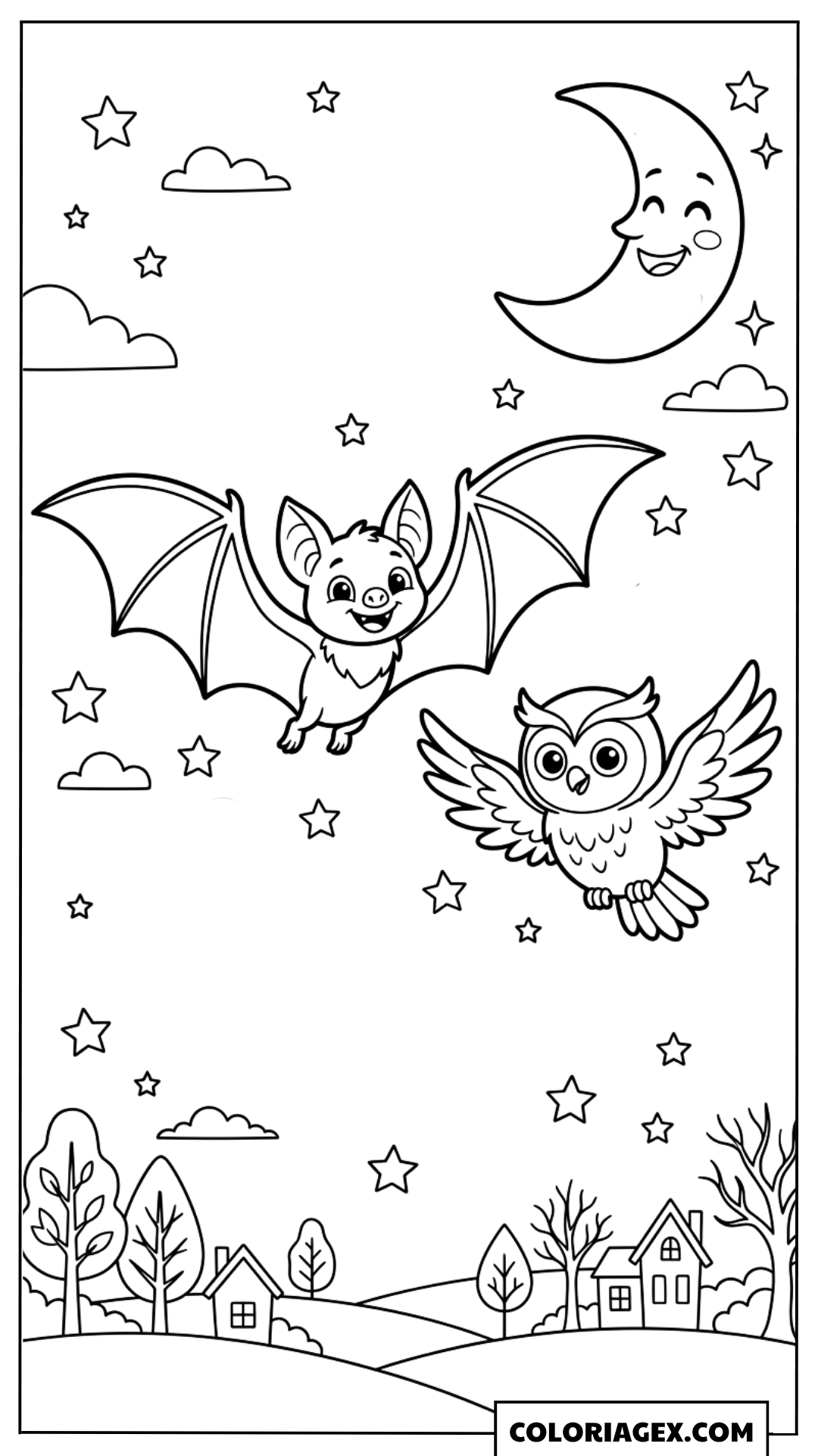 Coloriage Chauves-souris et hibou volant sous la lune