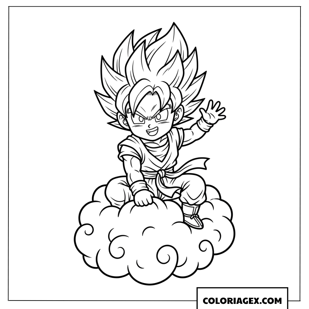 Coloriage Chibi Goku Super Saiyan volant sur un nuage