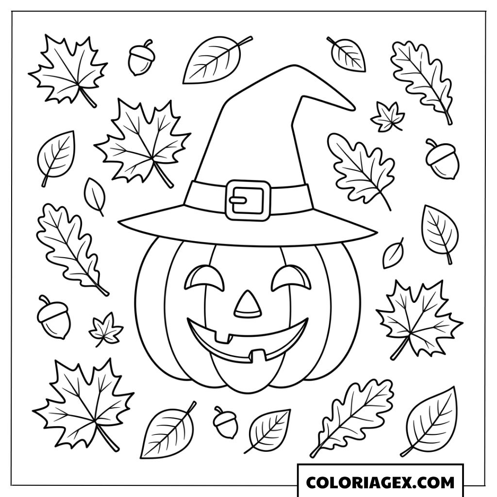 Coloriage Citrouille sorcière avec feuilles d’automne