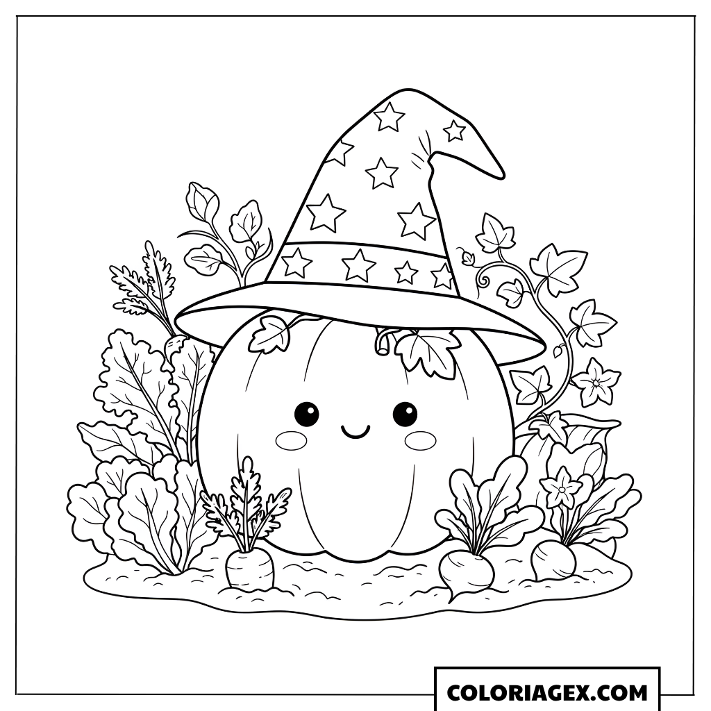 Coloriage Citrouille sorcière kawaii