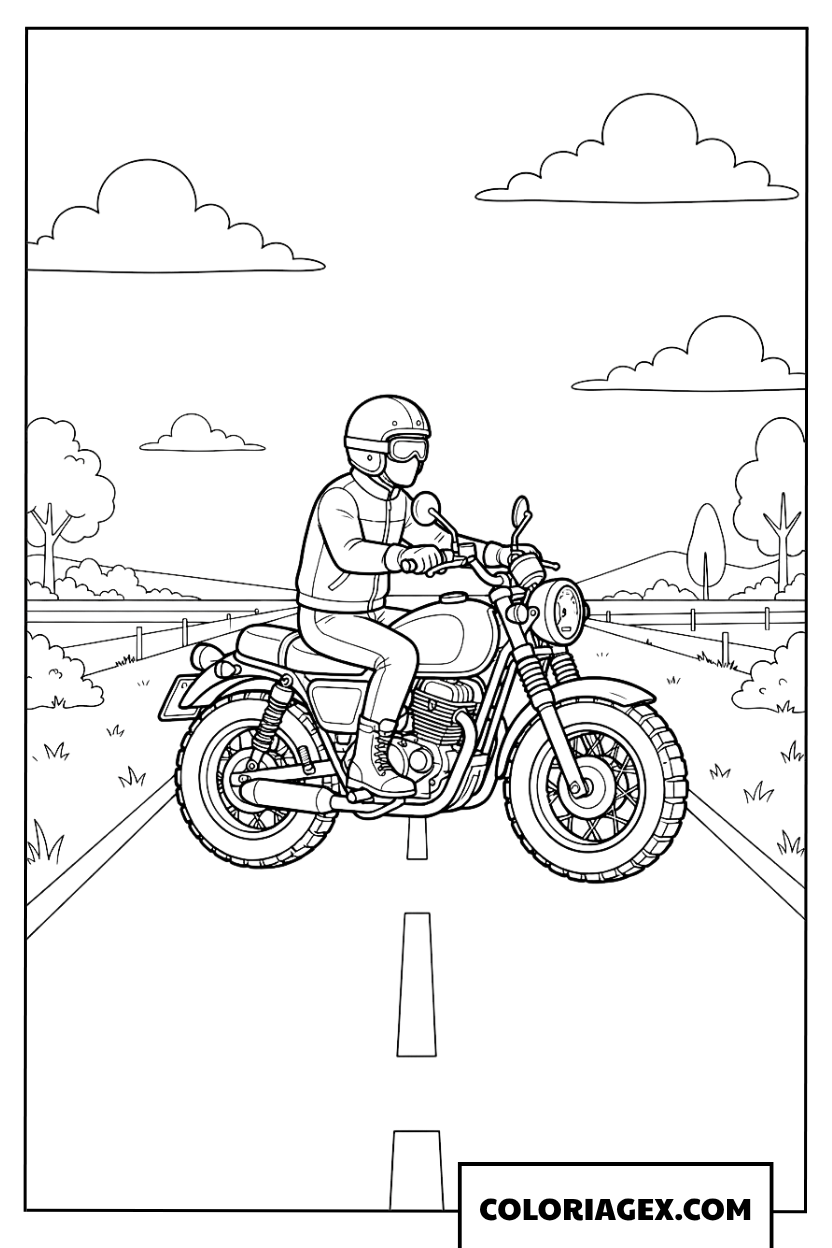 Coloriage Conducteur Moto Sur Route Rurale