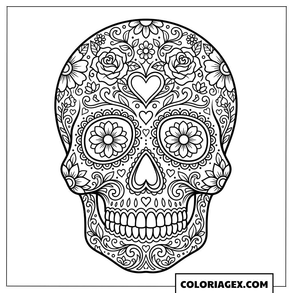 Coloriage Crâne Sugar Skull fleuri