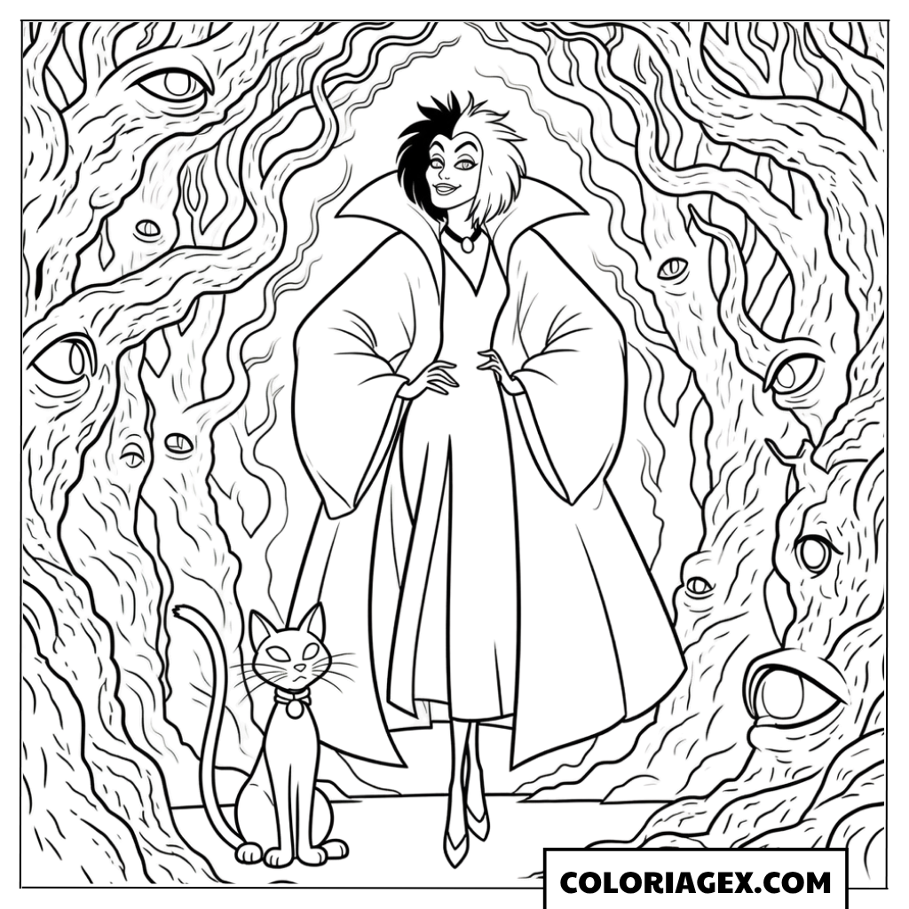 Coloriage Cruella d’Enfer avec son chat