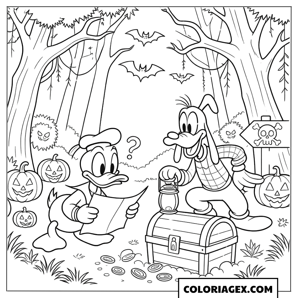 Coloriage Donald et Goofy à la chasse au trésor Halloween