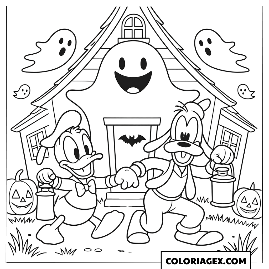 Coloriage Donald et Goofy devant la maison hantée