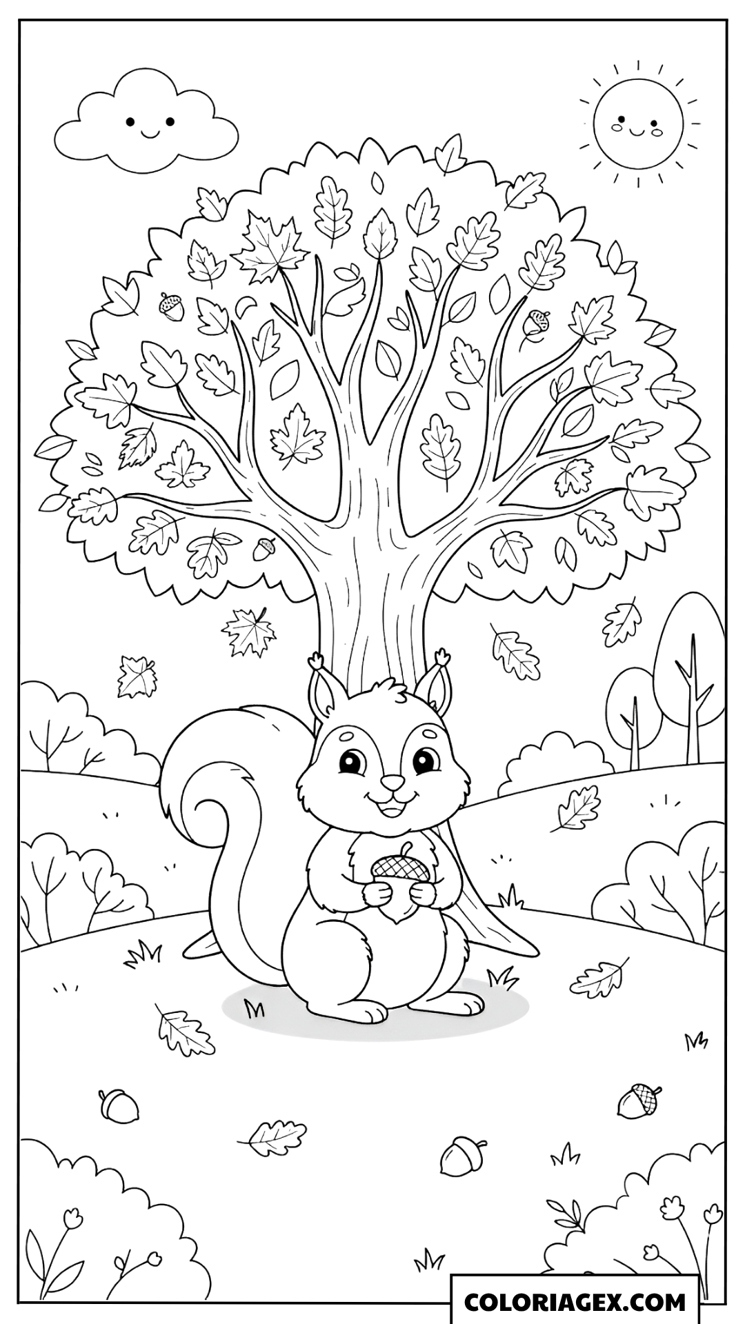 Coloriage Écureuil sous l’arbre