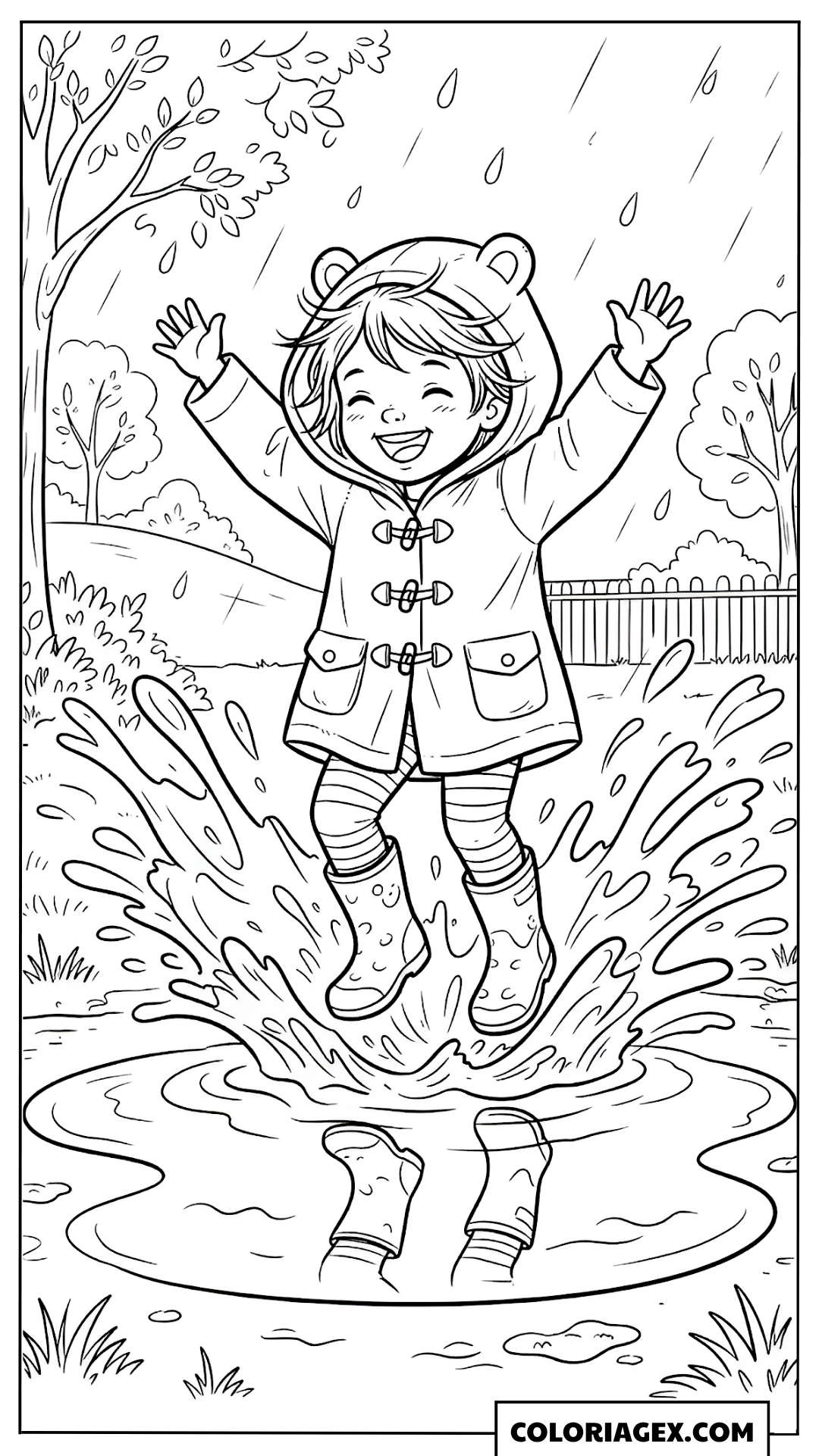 Coloriage Enfant qui saute dans les flaques