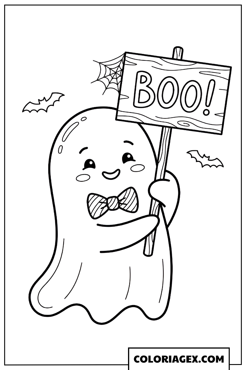 Coloriage Fantôme kawaii avec panneau BOO